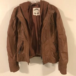 Faux Brown Leather Jacket w/Removable Hoodie